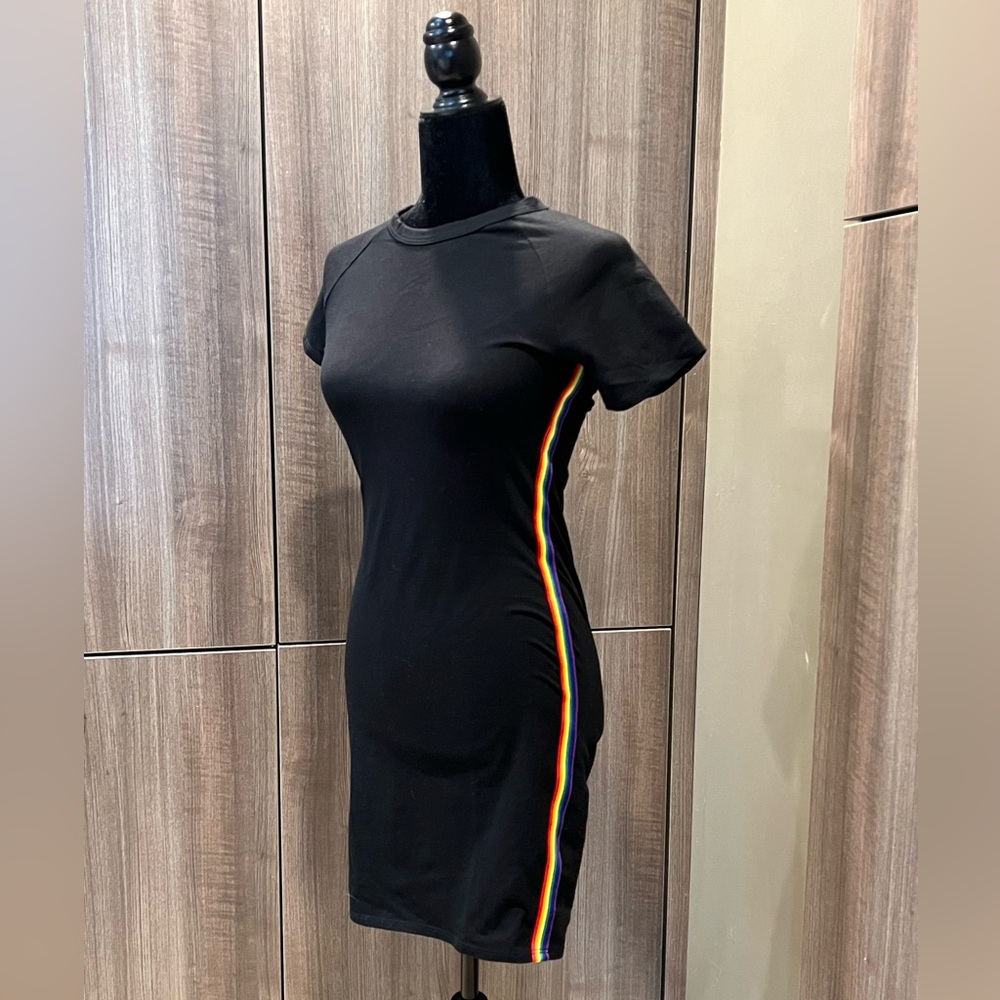 Silence + Noise Black Jersey dress w/rainbow stripes